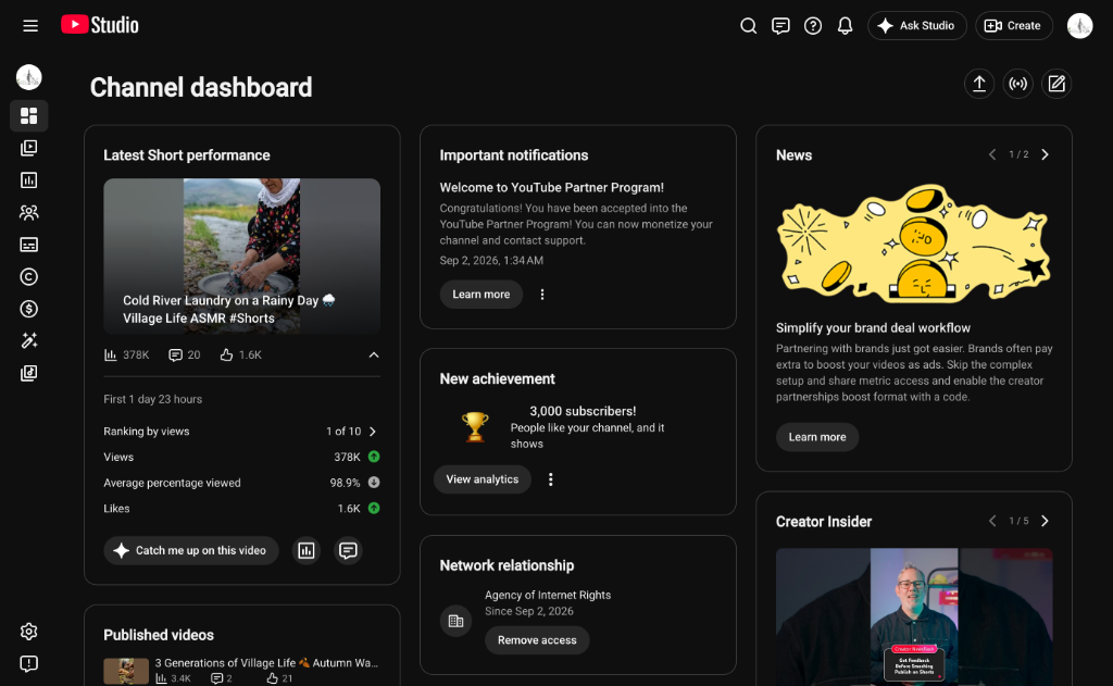 YouTube Dashboard and Partner Program Acceptance